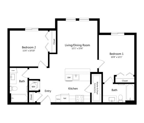 Floor plan for 2 beds, 2 baths, 902 sqft